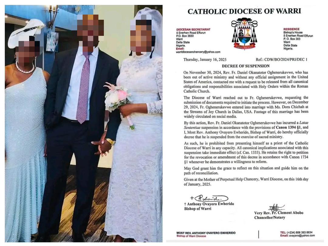 A Delta priest is suspended by the Catholic Church for a covert wedding in the US.