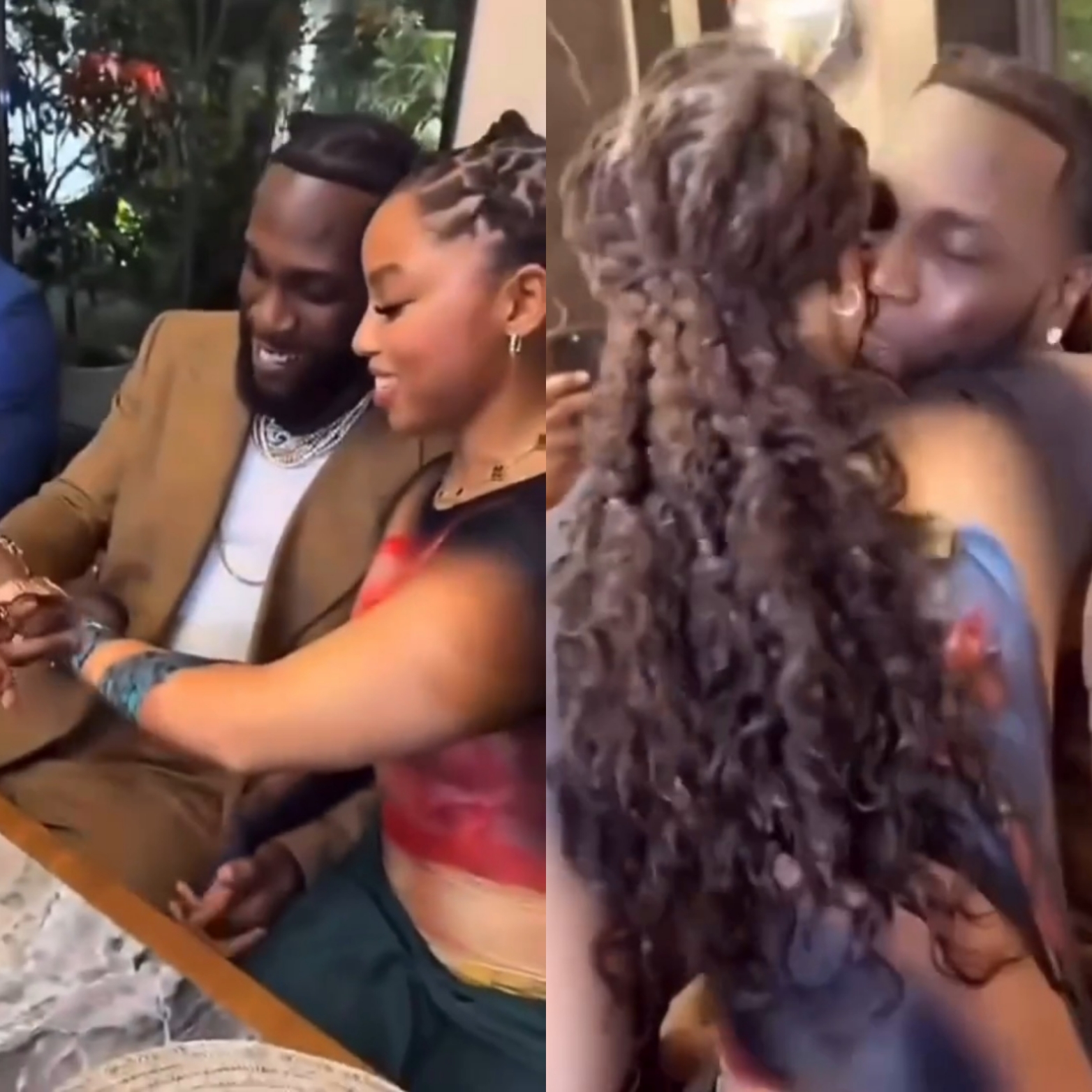 Burna Boy and US singer Chloe Bailey get matching wristwatches and engage in PDA while hanging out with friends (video)